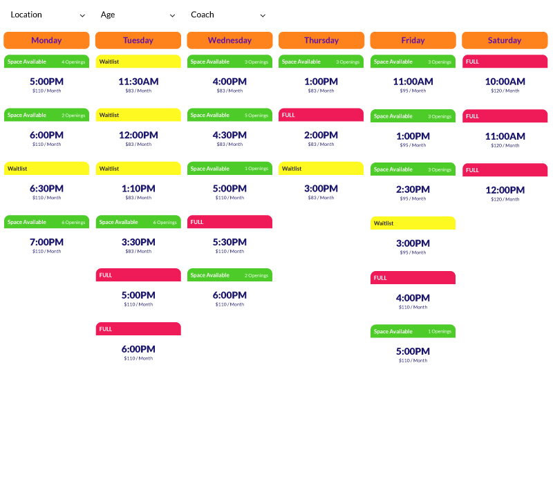 Weekly Class Calendar